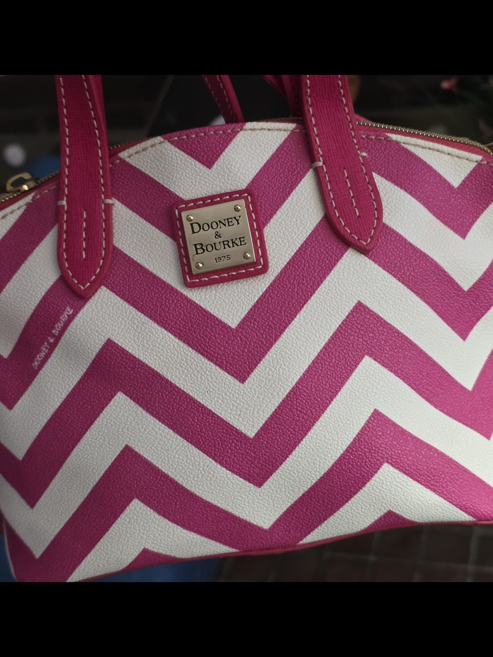 Dooney & Bourke Hot Pink and White Chevron Satchel Excellent Condition.